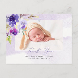 Baby shower Dank u Waterverf Violet Rozen Briefkaart