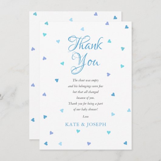 Baby Shower Dankgedicht met Blauwe Hartjes Bedankt (Voorkant / Achterkant)