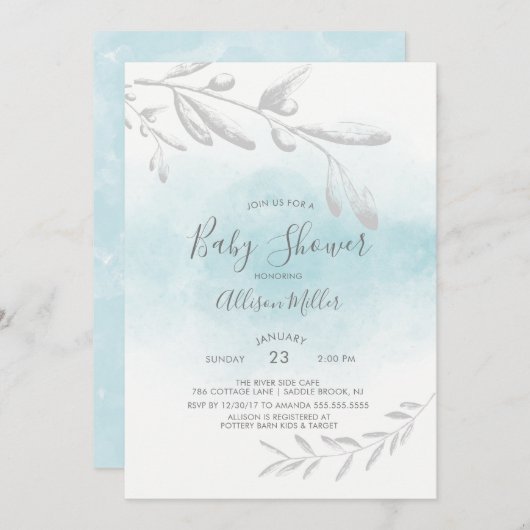 Baby shower d'aquarelle bleue Invitation (Devant / Derrière)