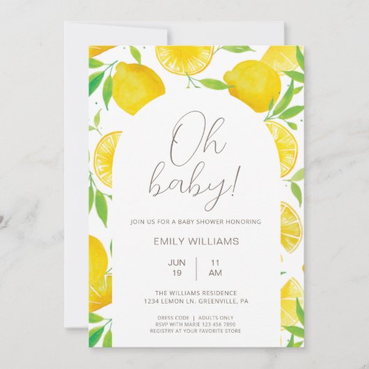 Baby shower d'aquarelle d'été Lemon Invitation (Devant)