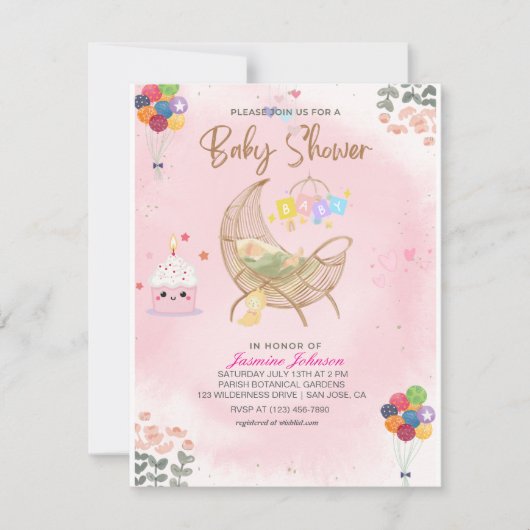 Baby shower d'aquarelle Invitation : Berceau et Ba (Devant)