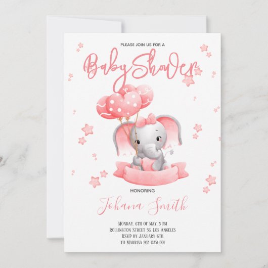 Baby shower d'aquarelle rose éléphant Invitation (Devant)