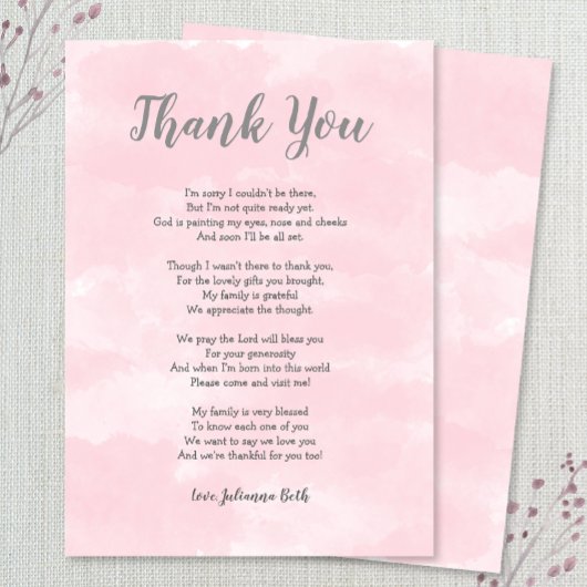 Baby shower d'aquarelle rose Merci note + poème