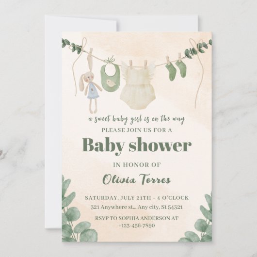 Baby shower d'aquarelle verte et crème Invitation (Devant)