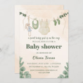 Baby shower d'aquarelle verte et crème Invitation (Devant / Derrière)