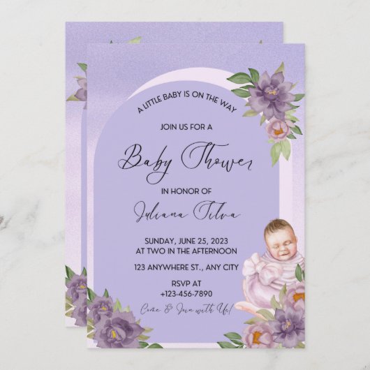 Baby shower d'aquarelle violet Invitation (Devant / Derrière)