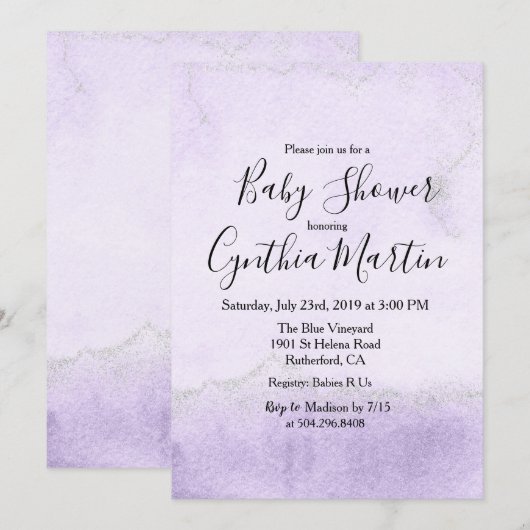 Baby shower d'aquarelle violet Invitation (Devant / Derrière)