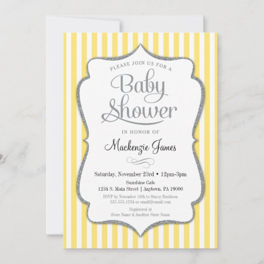 Baby shower d'argent jaune Invitation gris neutre (Devant)