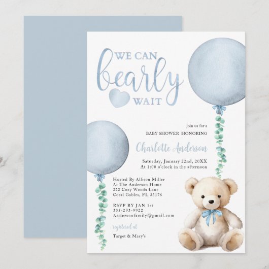 Baby shower d'attente bleu Bearly Invitation Garço (Devant / Derrière)