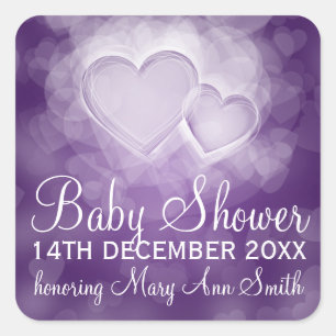Baby shower Datum Modern Hearts Paarse Vierkante Sticker