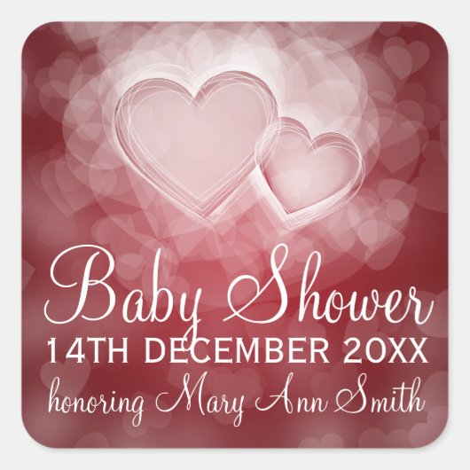 Baby shower Datum Modern Hearts Rood Vierkante Sticker (Voorkant)