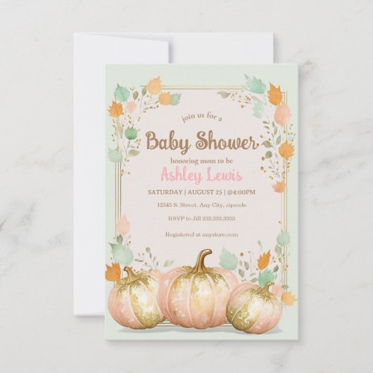 Baby shower d'automne citrouille invitation or ros (Devant)