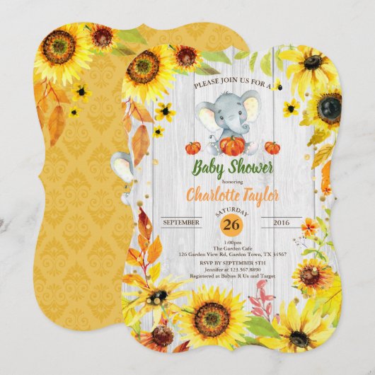 Baby shower d'automne invitation tournesol éléphan (Devant / Derrière)