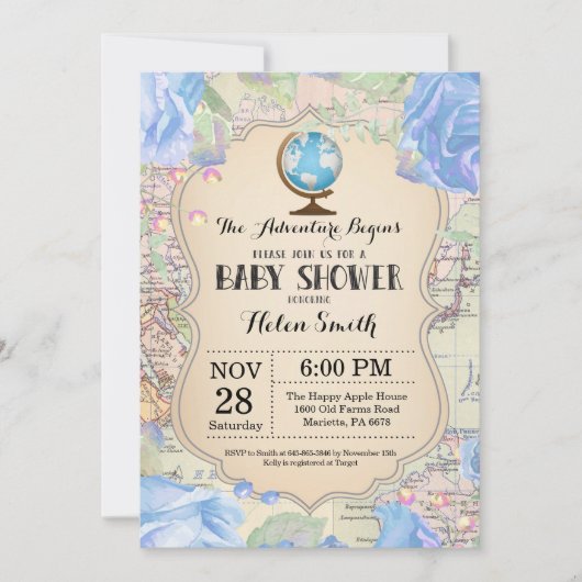 Baby shower d'aventure Blue Floral Carte Voyage Mo (Devant)