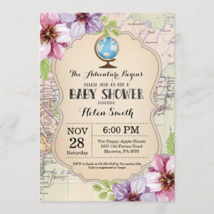 Baby shower d'aventure Floral Carte Voyage Monde