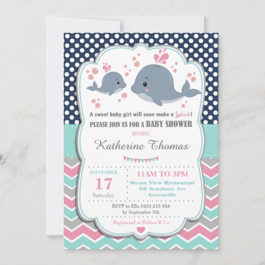 Baby shower de baleine Invitation bébé fille rose  (Devant)