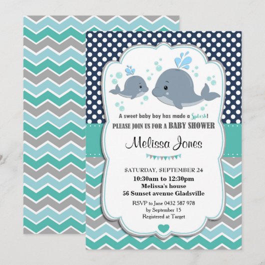 Baby shower de baleine Invitation personnalisée Ba (Devant / Derrière)