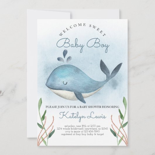 Baby shower de baleine Invitation pour bébé garçon (Devant)