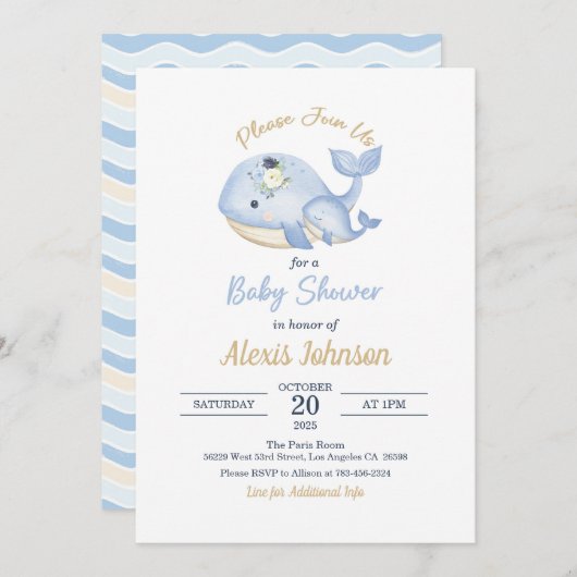 Baby shower de baleine Invitation pour garçon (Devant / Derrière)