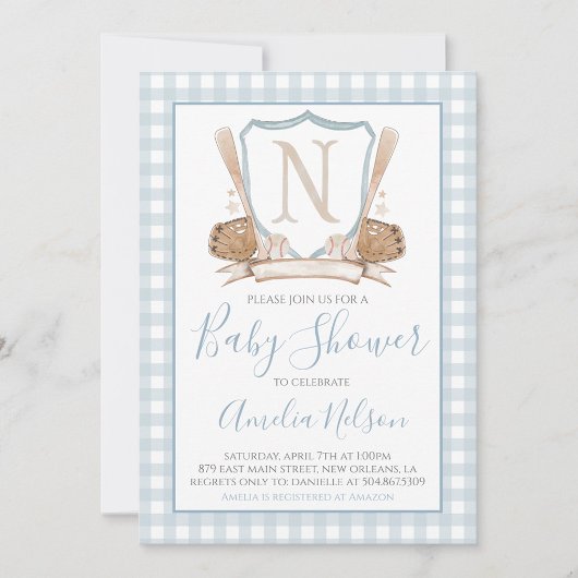 Baby shower de baseball En vichy bleu Invitation