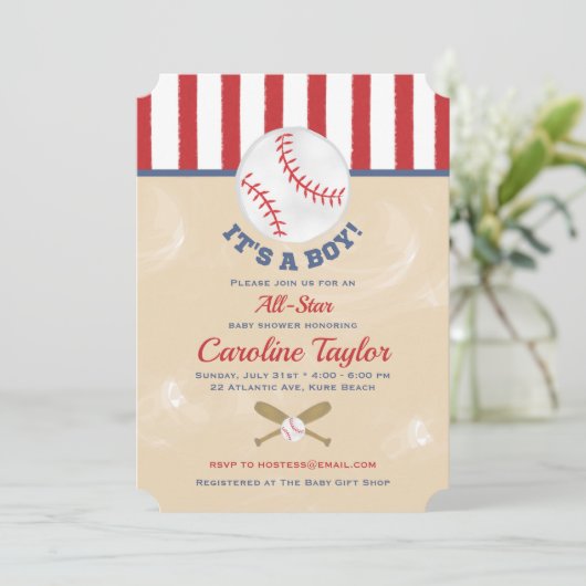Baby shower de baseball Invitation Style de billet (Debout devant)