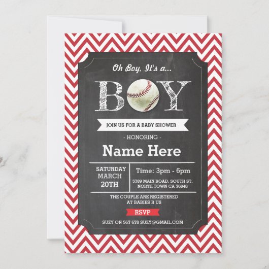 Baby shower de baseball Red Boy Chevron Invitation (Devant)