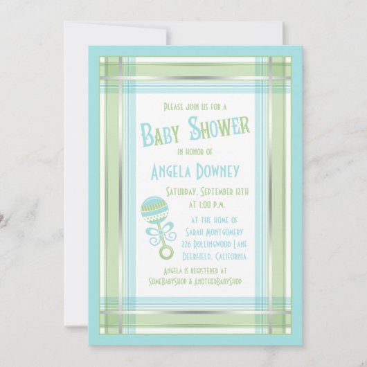 Baby shower de bétail bleu vert plaid Invitation (Devant)