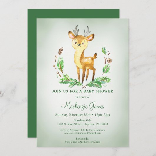 Baby shower de bois de cerf Invitation vert (Devant / Derrière)