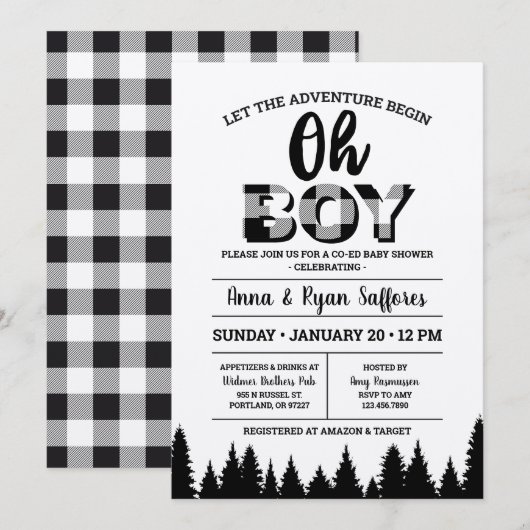 Baby shower de Buffle Noir Plaid Invitation Oh Gar (Devant / Derrière)