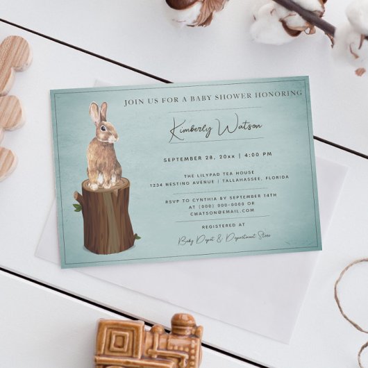 Baby shower de Bunny de bois | Invitation Turquois