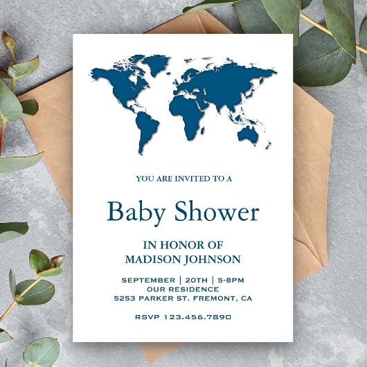 Baby shower de carte du monde bleu moderne