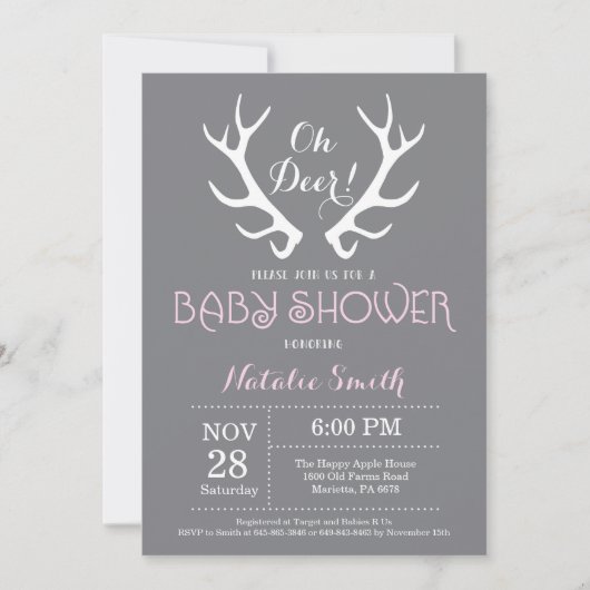Baby shower de cerf Antler Invitation Gris et rose (Devant)