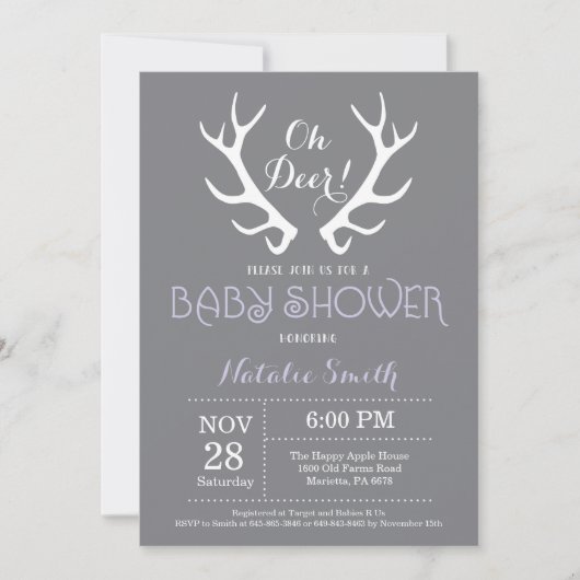 Baby shower de cerf Antler Invitation Gris et viol (Devant)