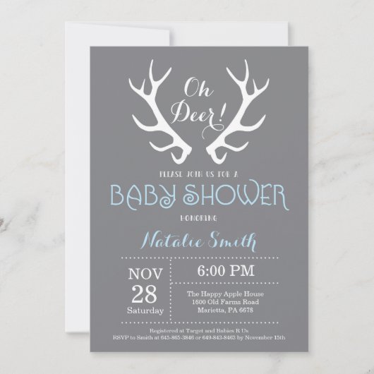 Baby shower de cerfs Antler Invitation Gris et Ble (Devant)