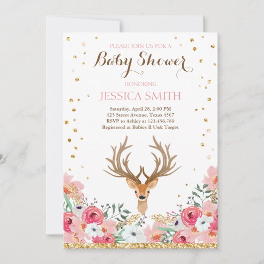 Baby shower de cerfs Invitation Woodland Girl Flor (Devant)