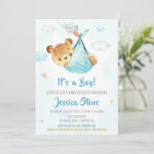 Baby shower de cigogne Invitation Garçon bébé ours (Debout devant)