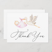 Baby shower de cigogne rose Merci Carte de note (Devant / Derrière)