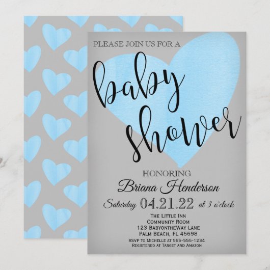 Baby shower de coeur bleu Invitation pour un scrip (Devant / Derrière)
