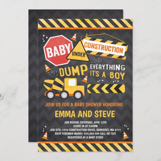 Baby shower de construction Invitation Douche de c (Devant / Derrière)