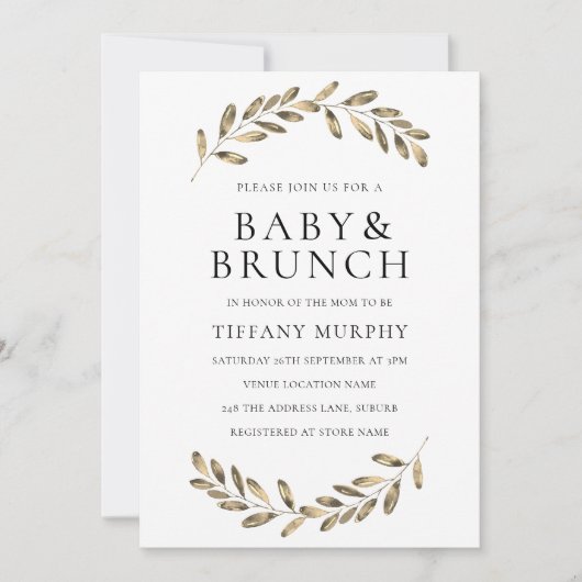 Baby shower de couronne feuille d'or Invitation Br (Devant)