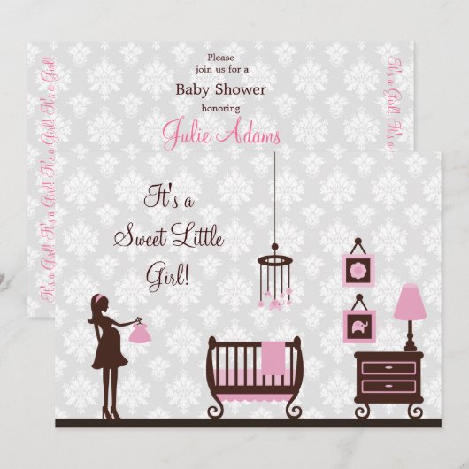 Baby shower de damassé : Fille : Invitation (Devant / Derrière)