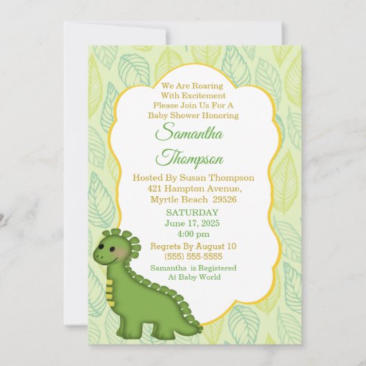 Baby shower de dinosaure vert mignon Invitation (Devant)