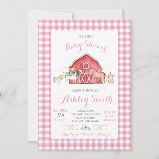 baby shower de ferme invitation fille rose (Devant)