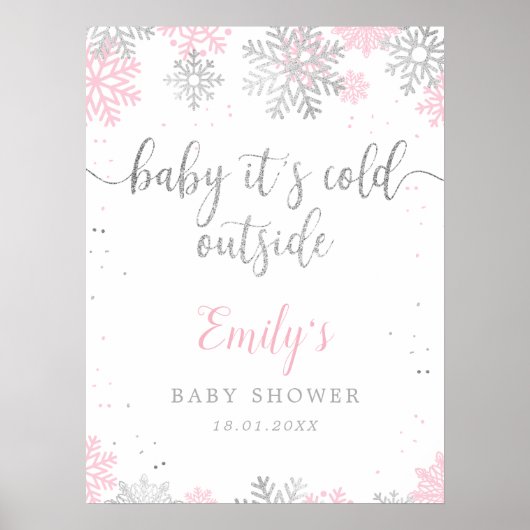 Baby shower de flocons d'argent rose Affiche de bi (Devant)