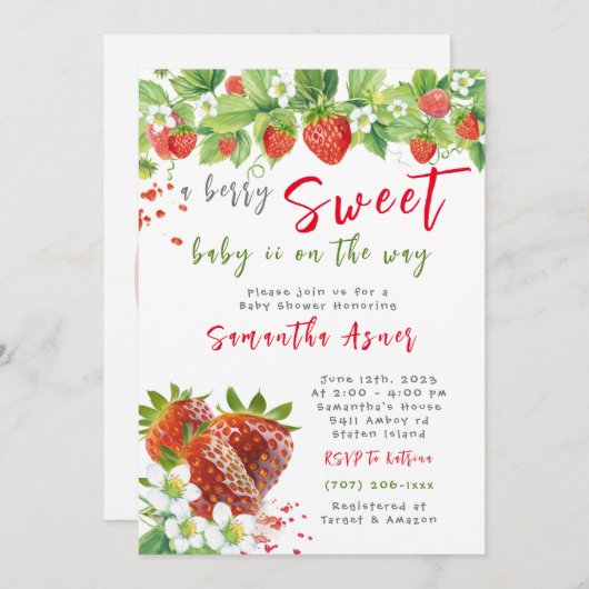 Baby shower de fraise Invitation fille (Devant / Derrière)