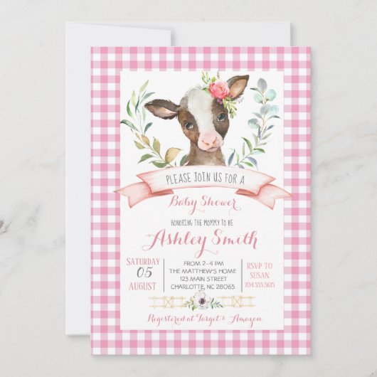 baby shower de la ferme de vache Invitation fille  (Devant)