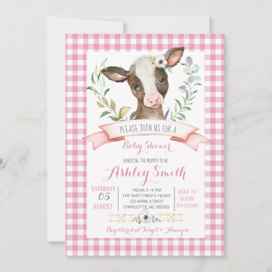baby shower de la ferme de vache Invitation fille  (Devant)