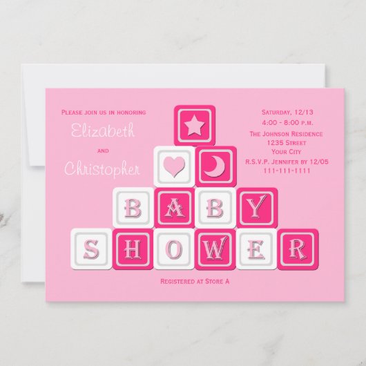 Baby shower de lit de couple Invitation Blocs rose (Devant)