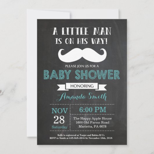 Baby shower de moustache Invitation Aqua et Grey (Devant)
