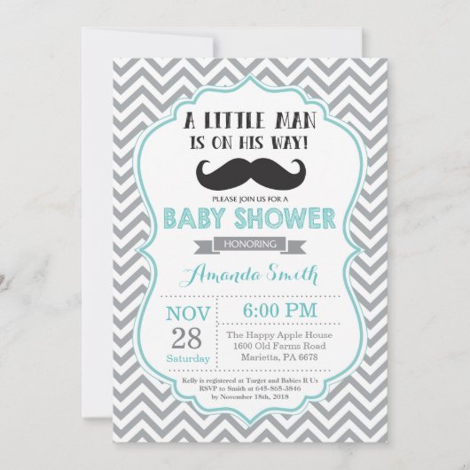 Baby shower de moustache Invitation Aqua et Grey (Devant)